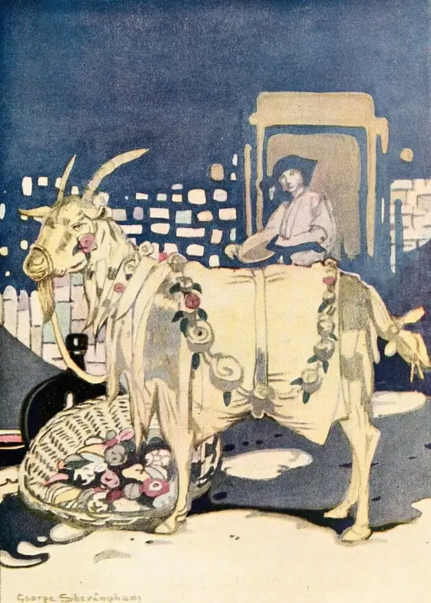 "So he bought a large quantity of food, put it in a basket, and carried it to the animal yard." Illustration by George Sheringham. Published in Canadian Wonder Tales (1918), John Lane Company.