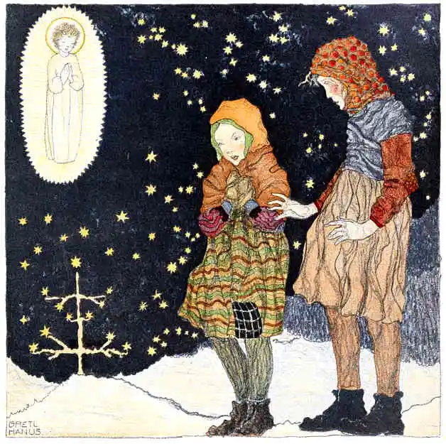 Bulgarian image of the Christ child appearing before two children in winter. Illustration by a teenage artist, Bretl Hanuz. Published in Christmas: Pictures by Children (1922), J.M. Dent