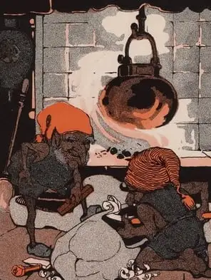 "The Kabouter took the wood and shaped it on the inside." Illustration by Rachel Robinson Elmer. Published in Dutch Fairy Tales for Young Folks (1919), Thomas Y. Crowell Co.