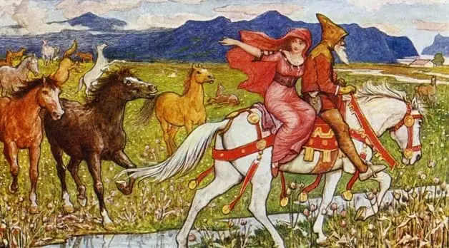 "'Oh, do stop for a minute," said Helga.'" Illustration by H.J. Ford. Published in The Brown Fairy Book by Andrew Lang (1904), Longmans, Green and Company.