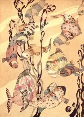 "A meeting of all the fish in the sea was called." Illustration by George Sheringham. Published in Canadian Wonder Tales by Cyrus MacMillan (1918), John Lane, the Bodley Head.