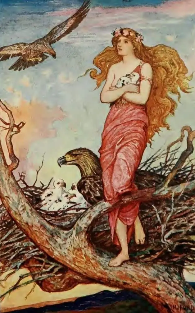 "She lived happily in her nest, standing at the edge in the sunset looking upon the beautiful world." Illustration by H.J. Ford, published in The Crimson Fairy Book (1908), Longmans, Green and Co.