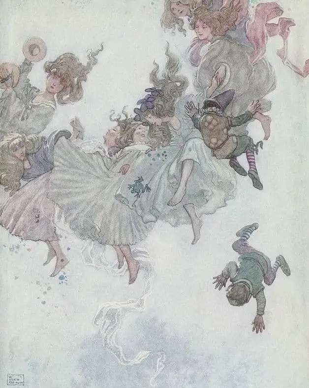 "Round and round they went, such whirling and twirling." Illustration by W. Heath Robinson, published in Hans Andersen's Fairy Tales by Hans Christian Andersen (1913), Constable.