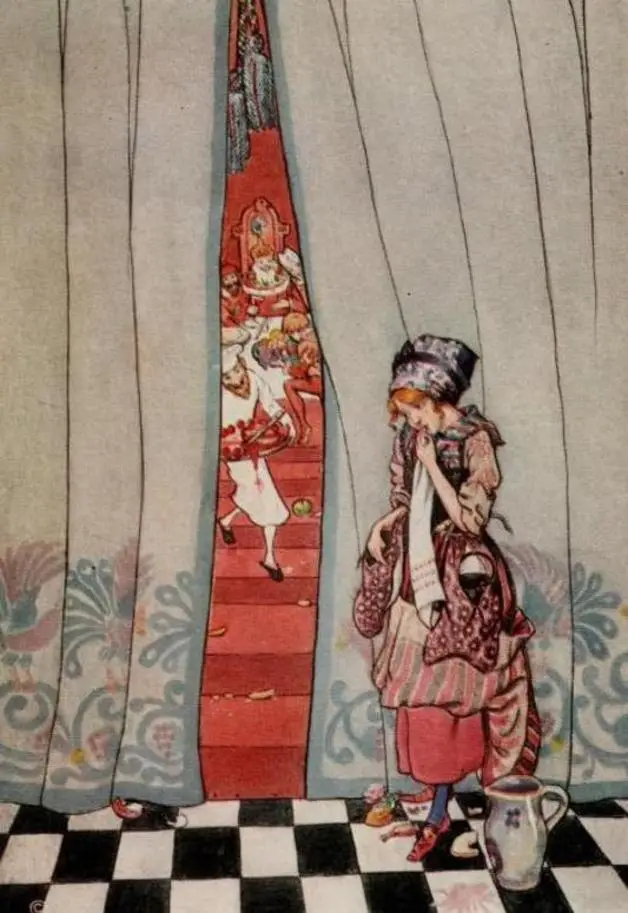 "She thought with a heavy heart of her sad fate." Illustration by Wuanita Smith, published in Household and Fairy Tales by the Brothers Grimm by Lucy Crane and M. Edwardes (1916), George W. Jacobs & Co, Philadelphia. A lesser-known German folklore story.