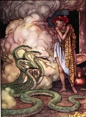 "A great snake with five heads was closed beside her." Illustration by Helen Jacobs, published in Native Fairy Tales of South Africa by Ethel L. McPherson (1919), George G. Harrap & Company.