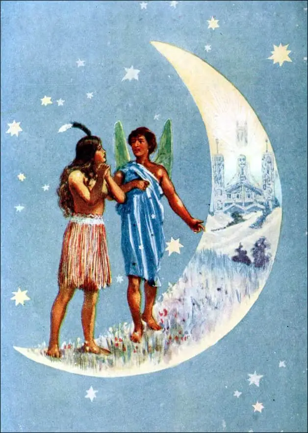 "Marama shows Ina the Moon-Land." Unknown illustrator, published in Maoriland Fairy Tales by Edith Howes (1913), Ward, Lock and Co.
