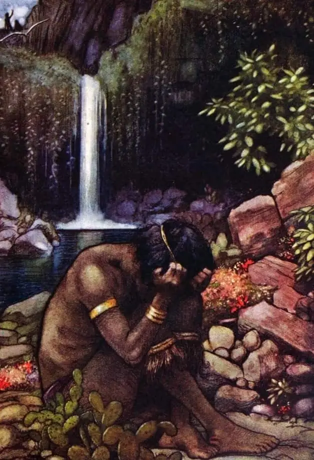 "SItting with his head buried in his hands." Illustration by Helen Jacobs, published in Native Fair y Tales of South Africa by Ethel McPherson (1919), George G. Harap and Co.