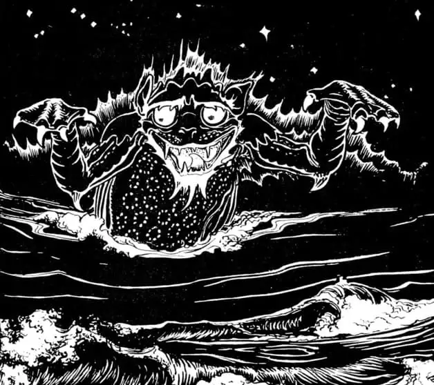 "At last he saw the sea coming in kilns of fire and as a darting serpent, till it came down below where he was. A Huge Monster came up and looked towards him, and from him. " Illustration by John Batten, published in More Celtic Fairy Tales by Joseph Jacobs (1895), G.P. Putnam's Sons