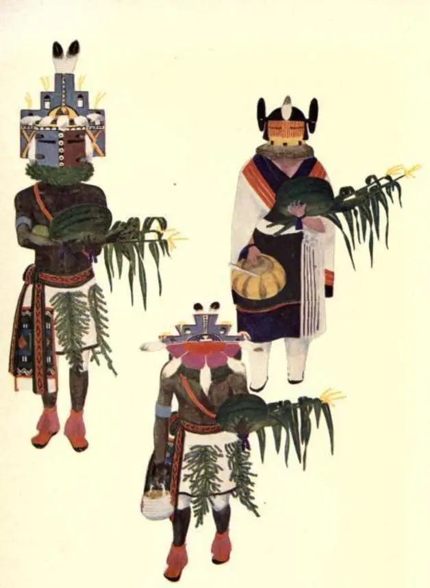 "The Indians were having a big Kachina dance." Illustration by Fred Kabotie, published in Taytay's Tales by Elizabeth Willis DeHuff (1922), Harcourt, Brace and Company.