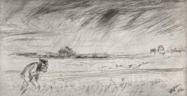 Man struggles against the wind in a field as illustrated by John Whistler.